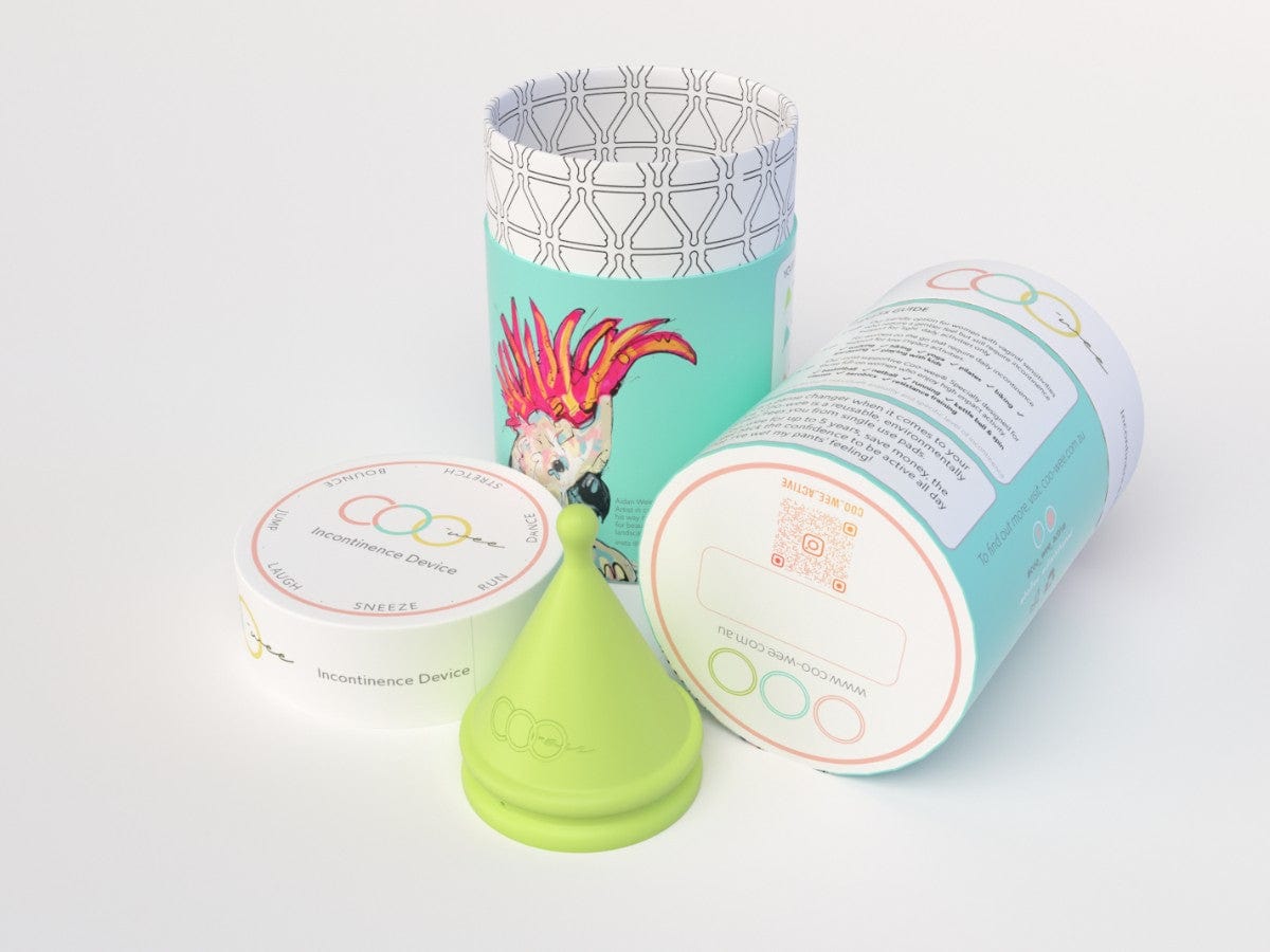Coo Wee Urinary Incontinence product comes with a cup, a bag to keep and a sustainably-made container