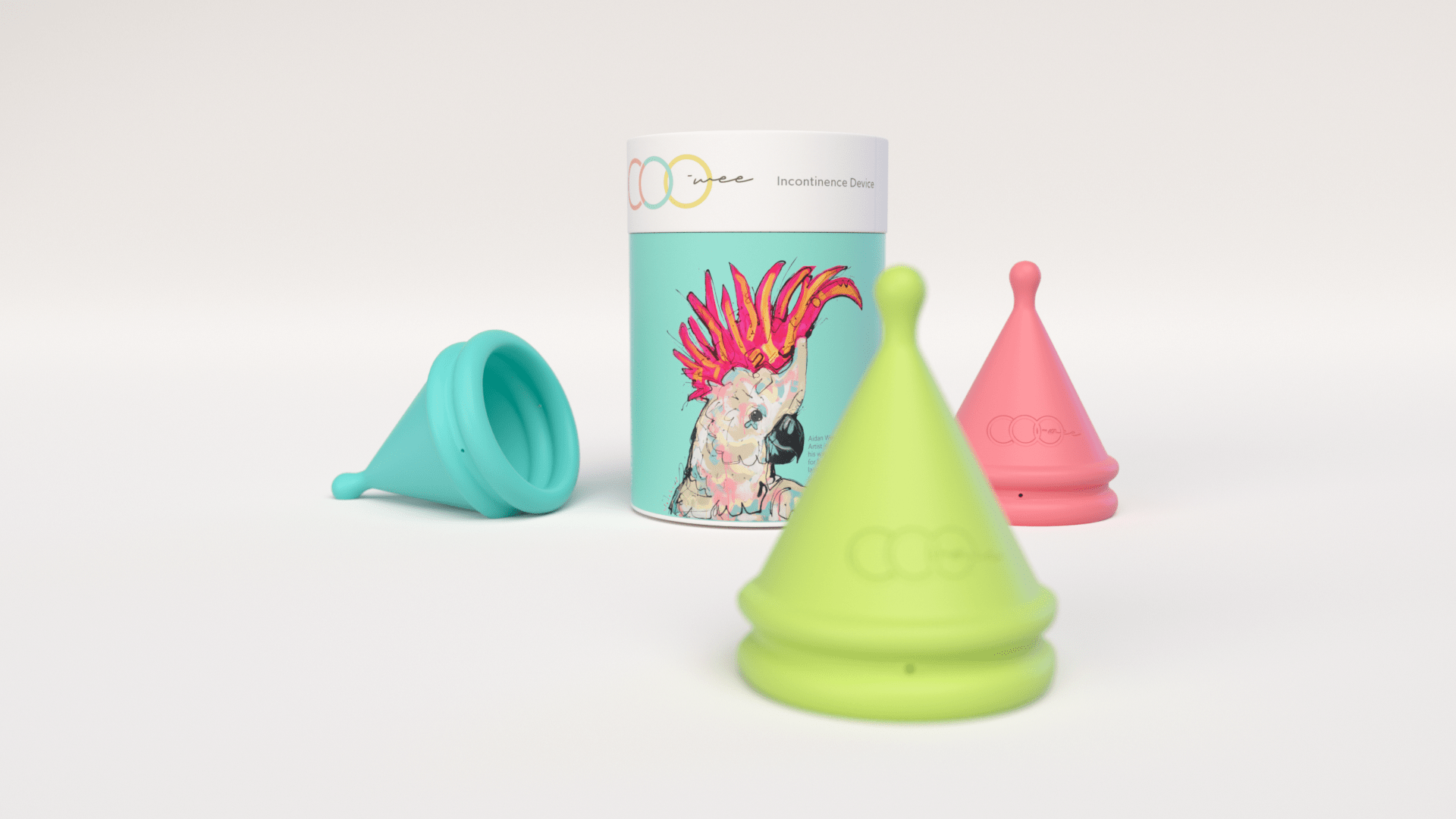 Coo Wee trial pack comes with three different Urinary Incontinence cups, a zip bag and beautiful sustainably-made container